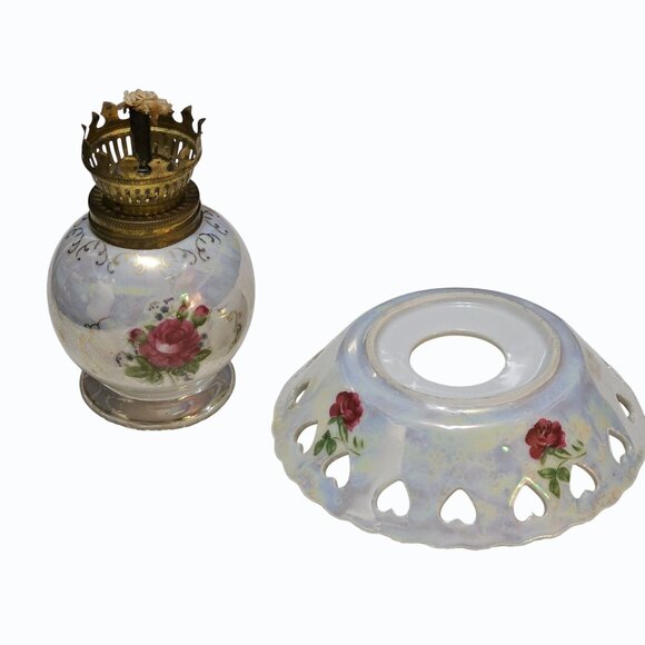 Vtg Lot  Japan Mini 4" Porcelain Kerosene Oil Lamp Roses Base Plus 2 Bobeches - Picture 1 of 11